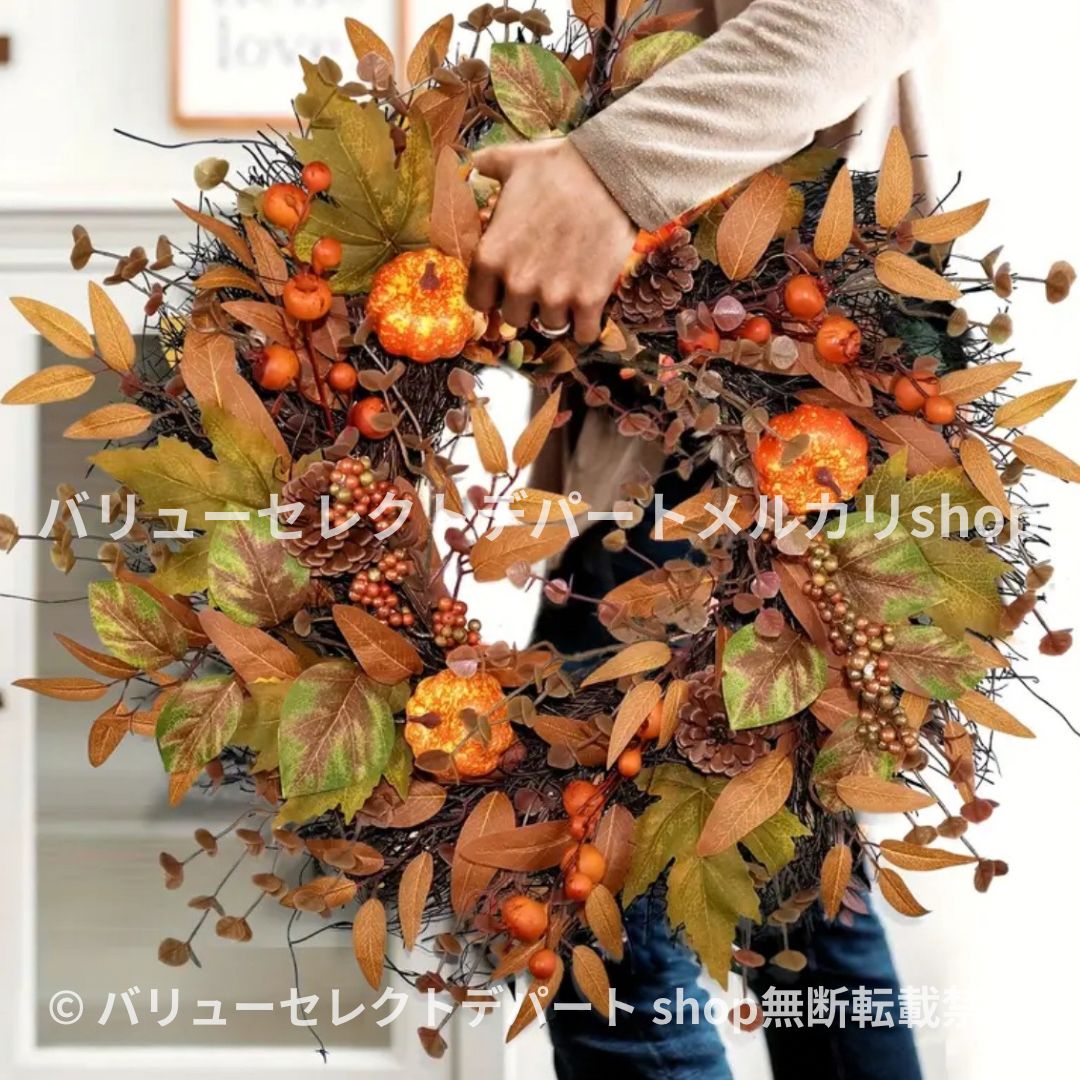 リース ハロウィン 玄関 黄色 花 造花 ガーデン ガーデニング おしゃれ 秋 屋外 飾り 庭 置物 子供 こども 撮影背景 装飾 背景 人工カボチャリース 玄関ドア用 秋のドアリース オレンジ色のユーカリの葉 ベリー付き 感謝祭 収穫祭 屋内 屋外 お祝い