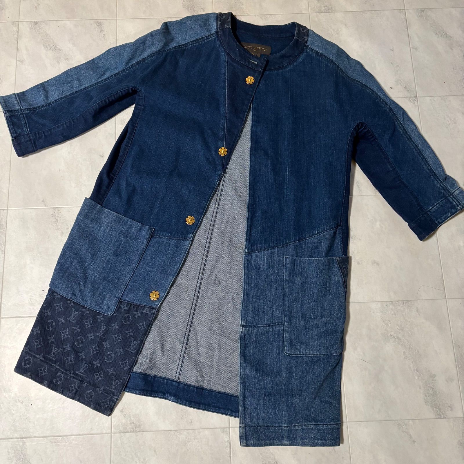 LOUIS VUITTON ルイヴィトン デニム パッチワーク コート ノーカラー サイズ34