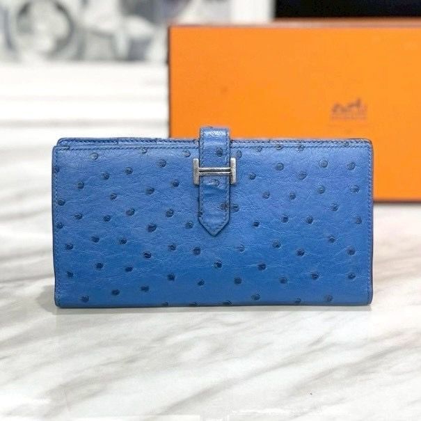 エルメス 長財布 ベアンスフレ オーストリッチ 青 □P刻印