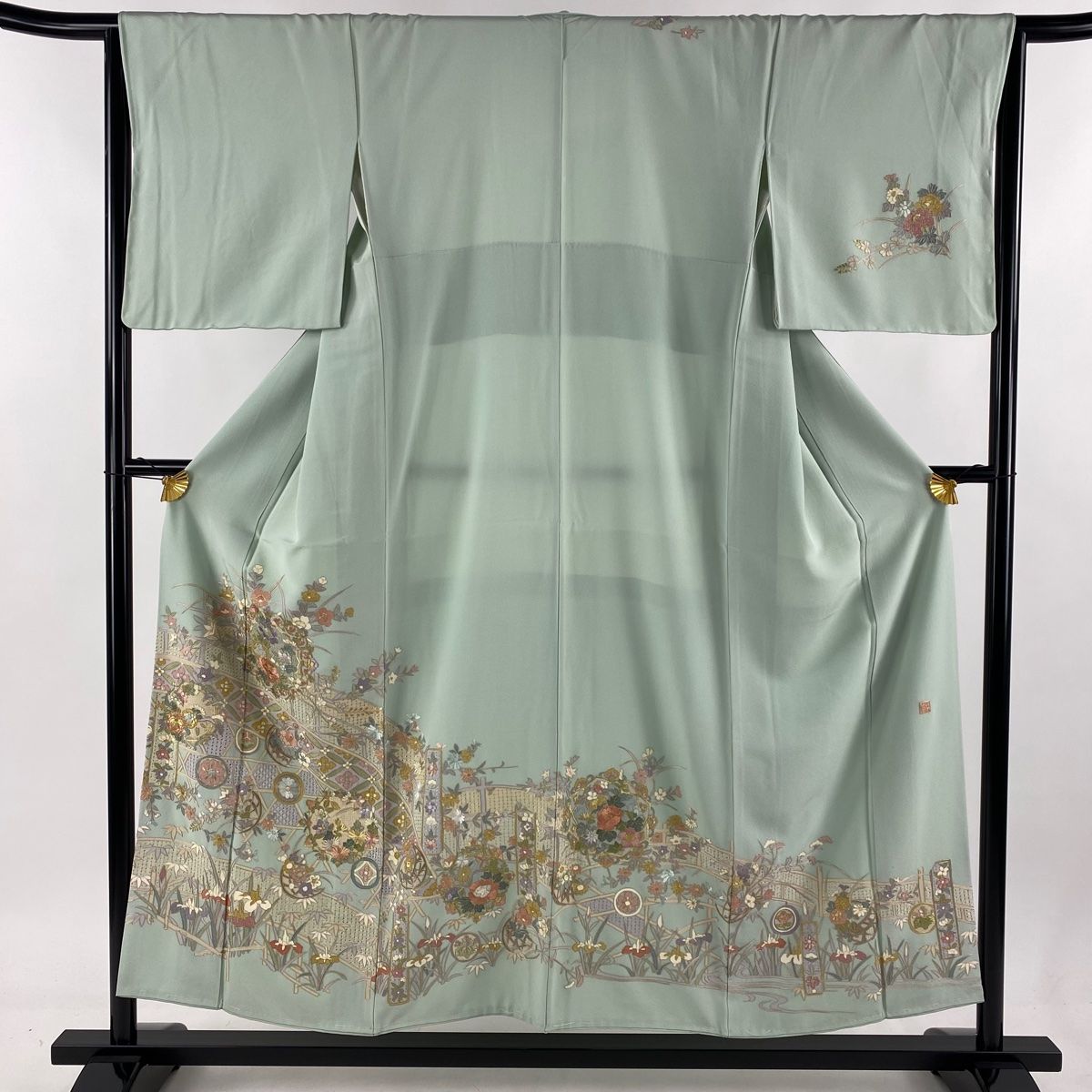 訪問着 身丈153cm 裄丈64cm M 袷 草花 花丸文 刺繍 金糸 薄緑 正絹