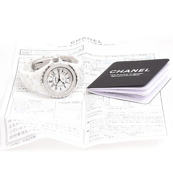 電池交換済 CHANEL シャネル J12 33mm 二重ダイヤベゼル H0967 ダイヤモンド デイト 200m防水 白 ホワイト CE セラミック SS ステンレス レディース クォーツ【6ヶ月保証】【腕時計】【中古】 coeuriche777_11706