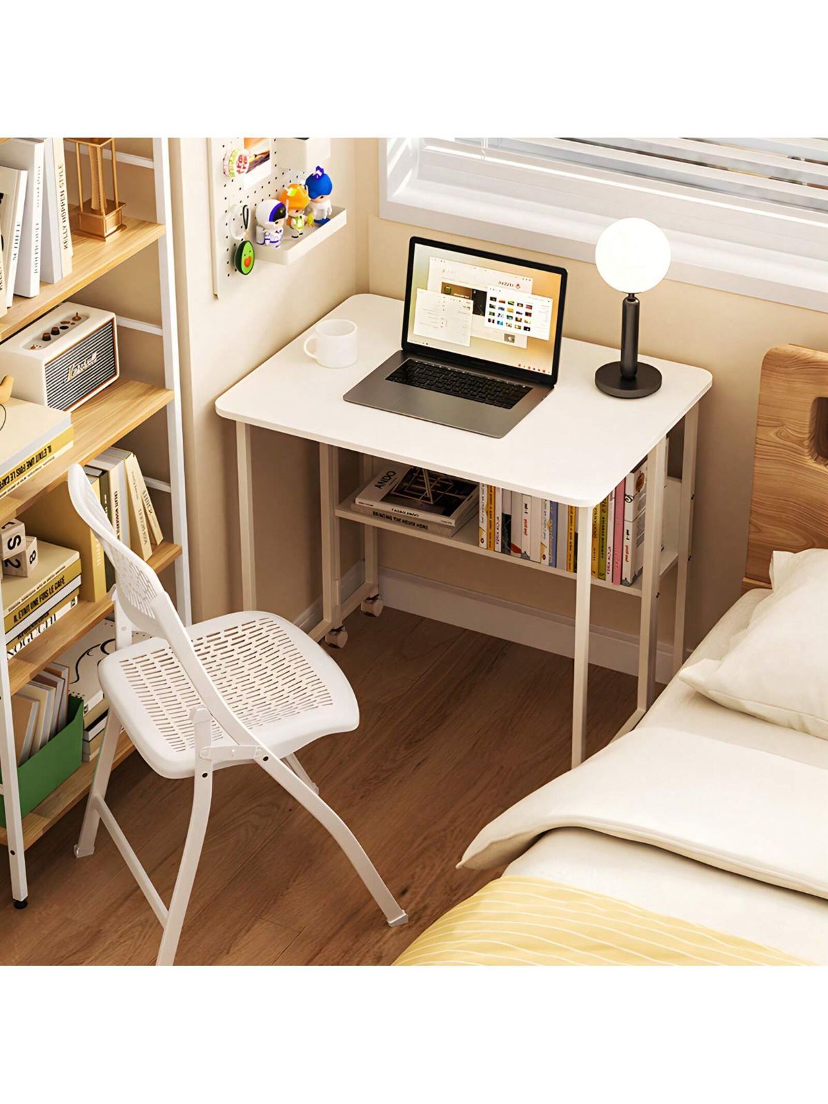 北欧風 折りたたみデスク PCデスク 幅80/100cm 木製 天然木調 収納棚