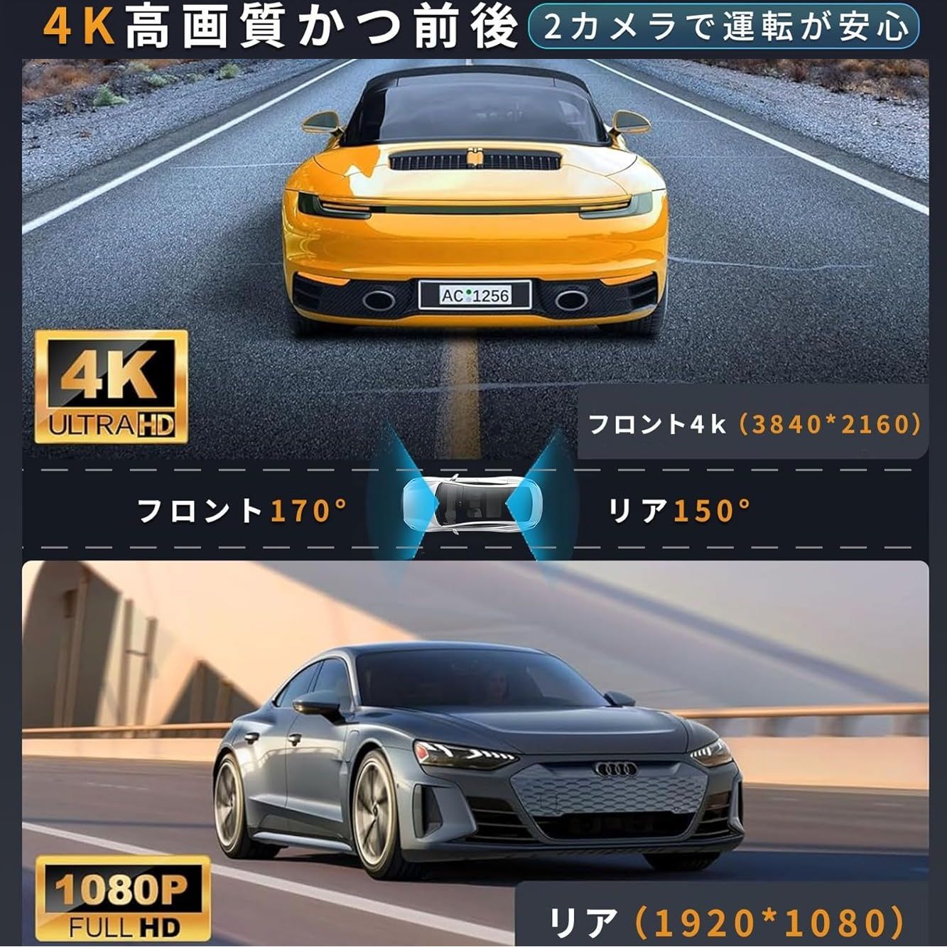 4K ULTRA HD ドライブレコーダー 12インチ ミラー型 前後カメラ 車