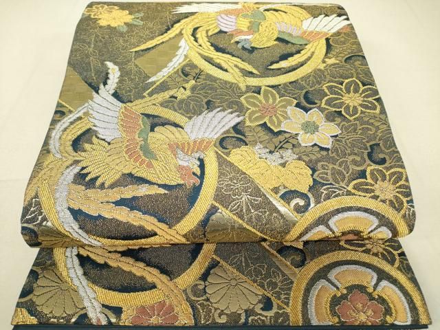 平和屋着物▽六通柄袋帯 燦金箔 聚楽鳳凰文 正絹 逸品