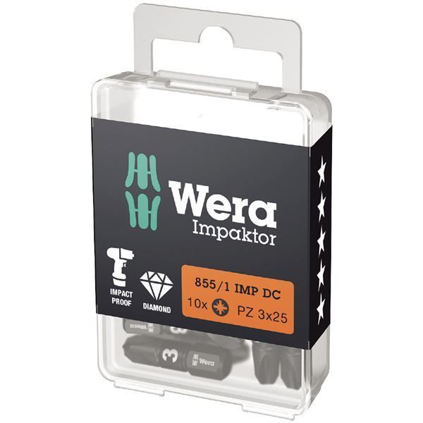 WERA ヴェラ 10本入 差込6.35mm インパクト用 ポジドライブ ダイヤモンドコーティング ドライバービット 刃先サイズPZ3 全長25mm 057622