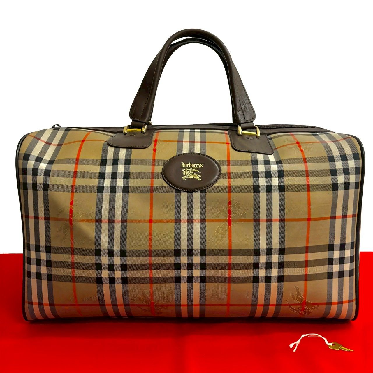 鍵付き Burberrys バーバリーズ ノバチェック 柄 シャドーホース ロゴ キャンバス レザー 本革 ボストンバッグ ブラウン 70666