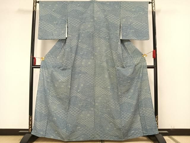 逸品！！　ペイズリー柄小紋 着物 160cm 夏物　絽　正絹 リサイクル着物】夏物 濃紺色 菊の花びら 正絹 小紋 絽 身丈