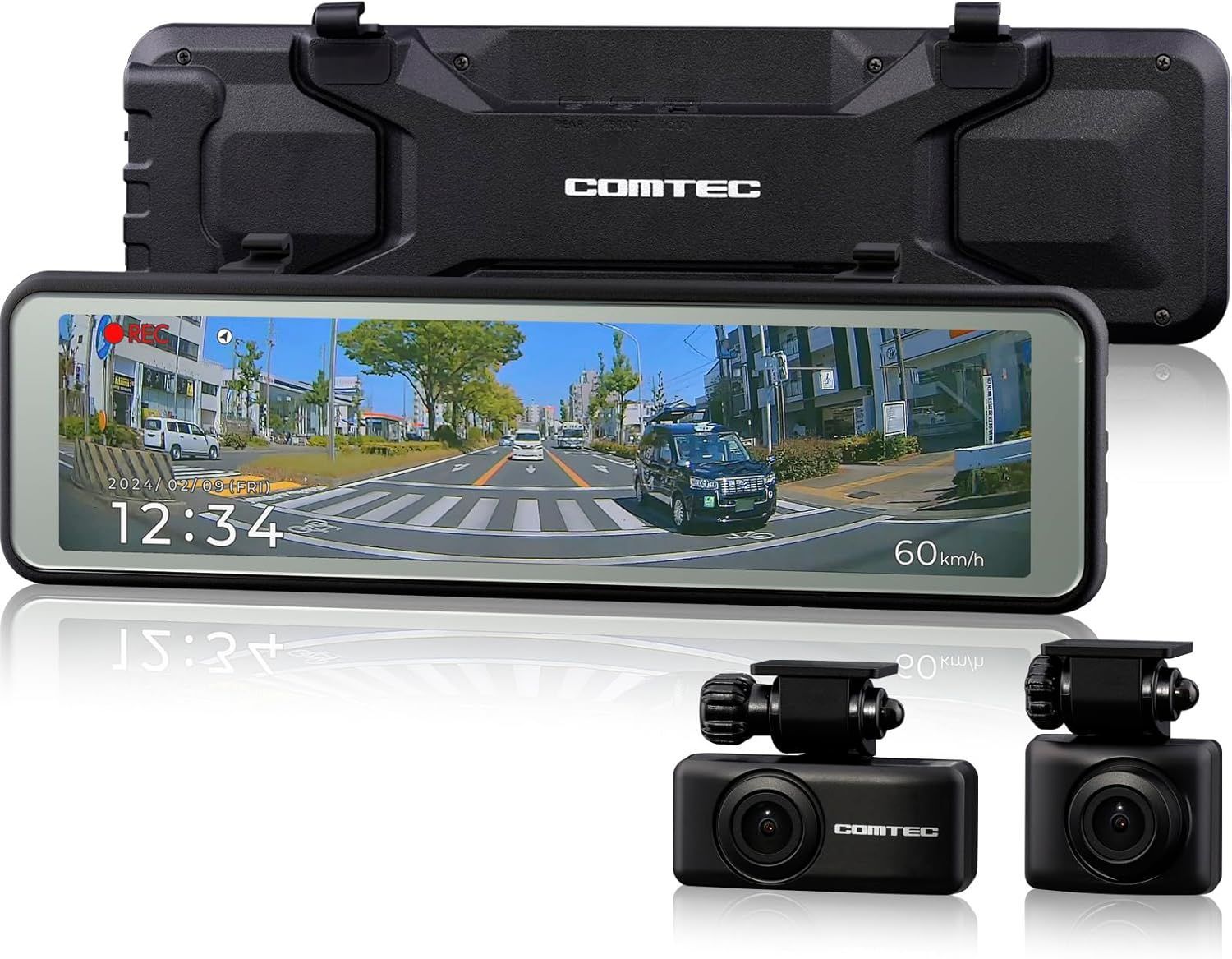 コムテック ミラー型ドライブレコーダー AZDR48 デジタルインナーミラー機能搭載 前後2カメラ 前後200万画素 FullHD GPS搭載 PureCel Plus技術搭載高感度センサー採用 後側方接近お知らせ機能搭載 高速起動