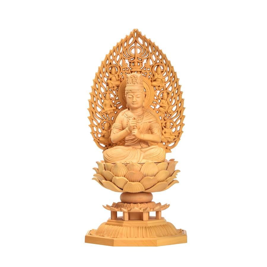 大日如来 真言宗 仏像 仏壇仏像 木彫り 柘植の木 飛天光背 蓮華台座 未年申年 守り本尊 高さ17cm×巾8.5cm×奥行8.5cm