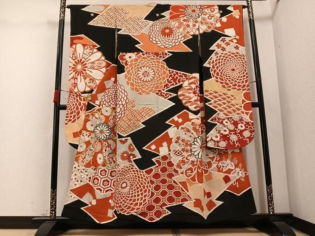 平和屋着物●セミアンティーク 振袖 駒刺繍 吉祥花唐草宝尽くし文 金彩 正絹 AABC6827ph