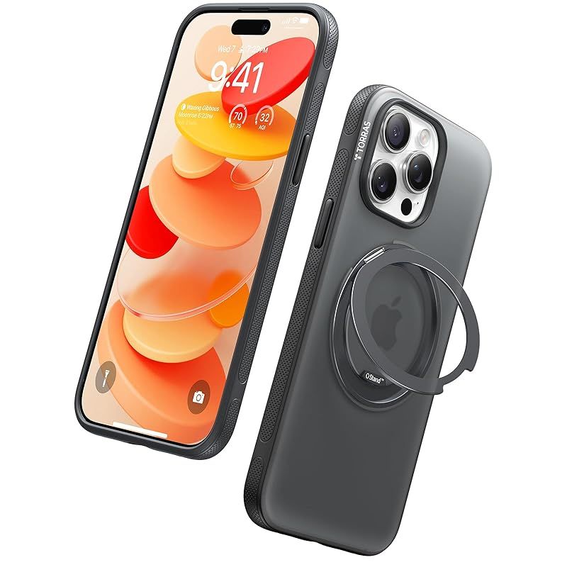 TORRAS iPhone 15 Pro 用 ケース【チクチク・多機能360度回転スタンド