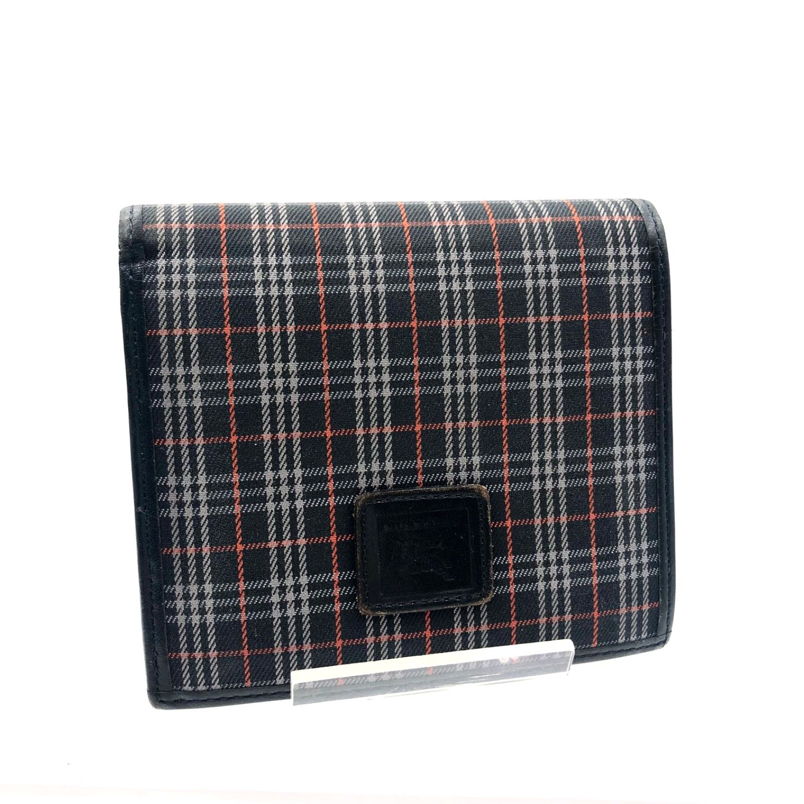 鑑定済みBURBERRY バーバリー　ホースマークロゴプレート　二つ折り財布　ブラックノバチェック　キャンバス×レザー　ゴールド金具　メンズ　レディース