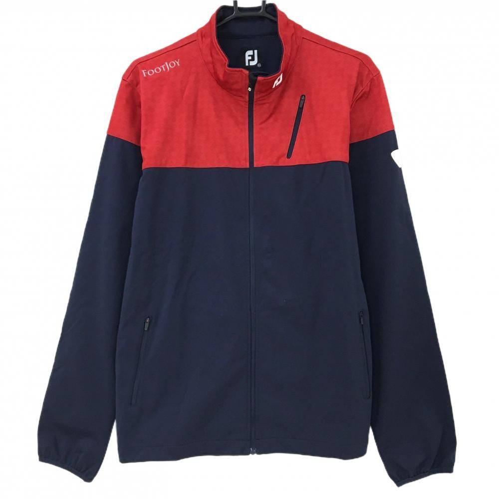 【超美品】フットジョイ ジャケットブルゾン ネイビー×レッド 上部ロゴ総柄 バイカラー 3ポケット メンズ 2XL ゴルフウェア FootJoy