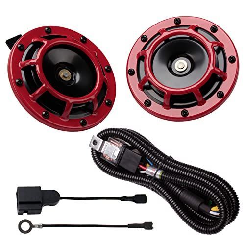 12V_赤いのペアホーン+リレーハーネス+トヨタ適用変換プラグ FARBIN 電気ホーン12V しゃりょうえんけいホーン防水118DB 123mm クラクション リレーハーネストヨタホーン専用プラグ付属 レッド 輪