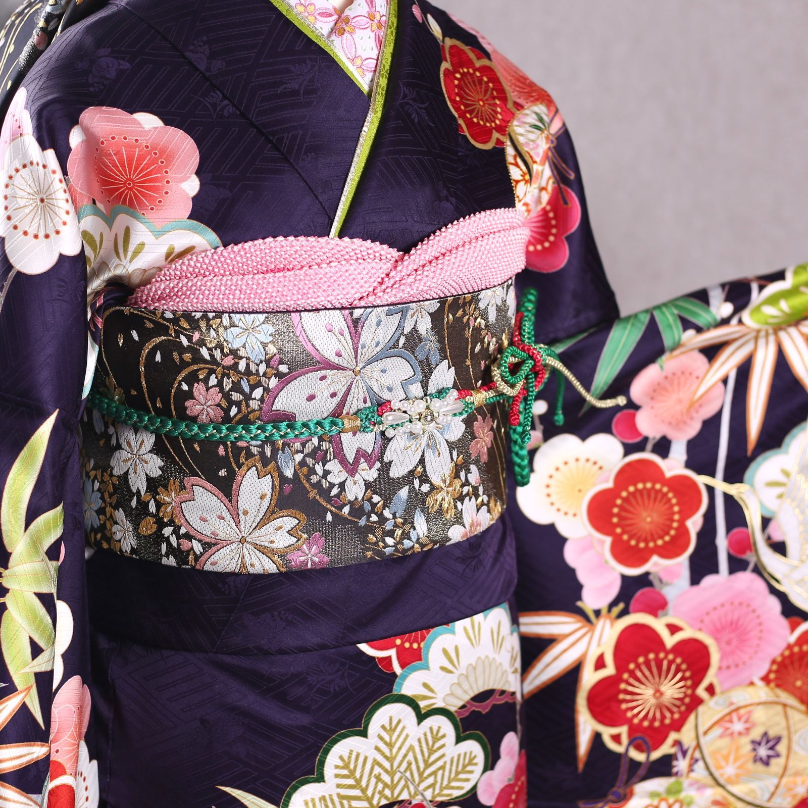 振袖フルセット 振袖セット 振袖 Lサイズ 紫紺×レトロ 美品 成人