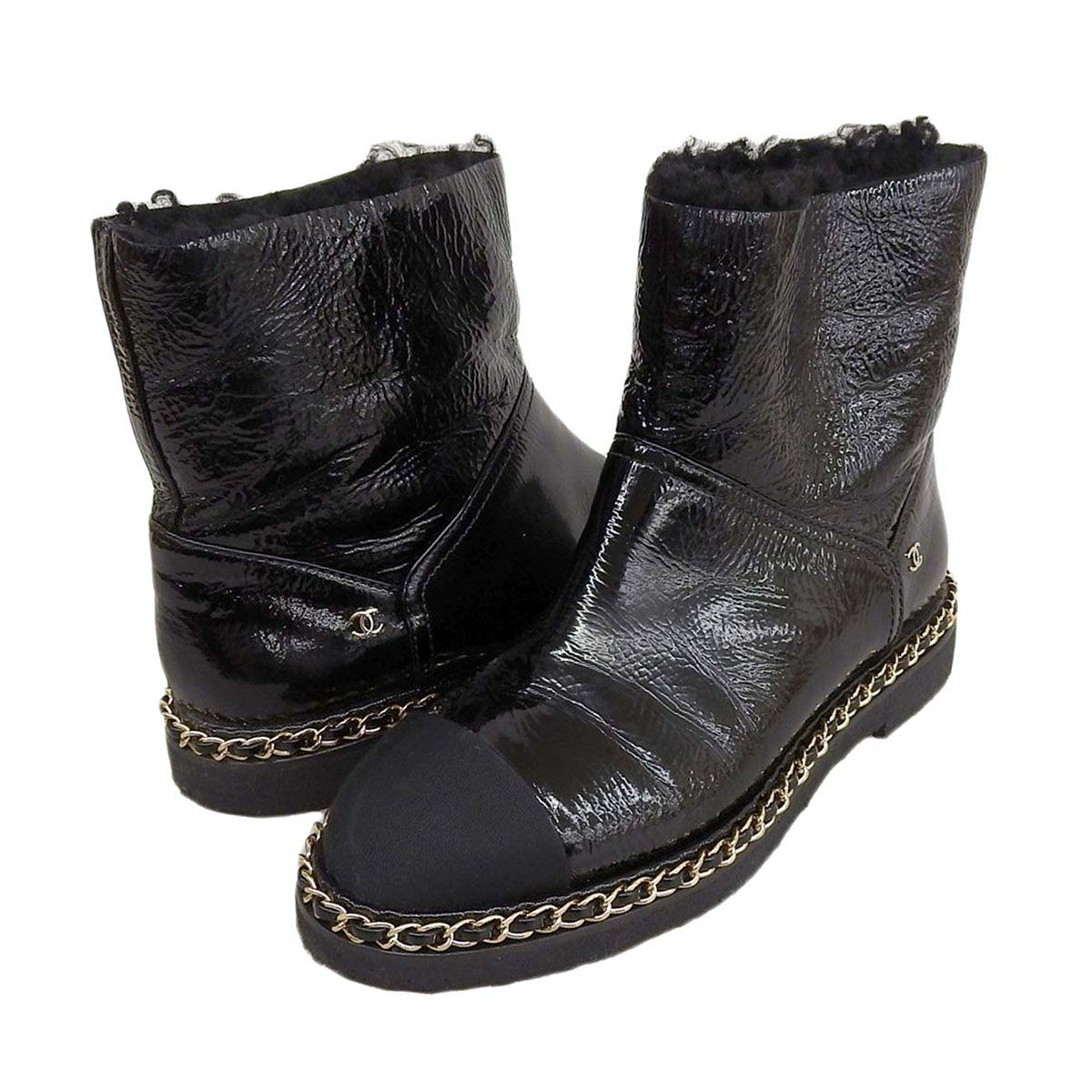 CHANEL シャネル ブーツ 40 ショート ムートン ブラック チェーン CHANEL シャネル ブーツ 40 ショート ムートン ブラック チェーン