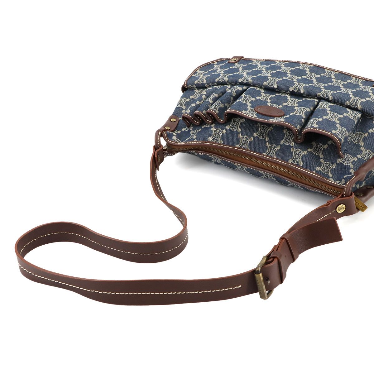 新品同様 セリーヌ CELINE マカダム ショルダー バッグ デニム レザー  