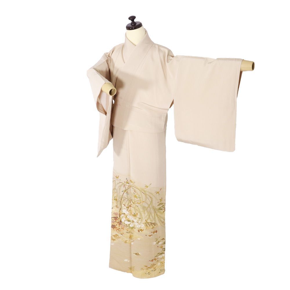 松尾光琳氏作 色留袖 袷 正絹 ベージュ 柳鳥図 Sサイズ ki30868 美品 レディース シルク ギフト フォーマル 30代 40代 50代 送料込み