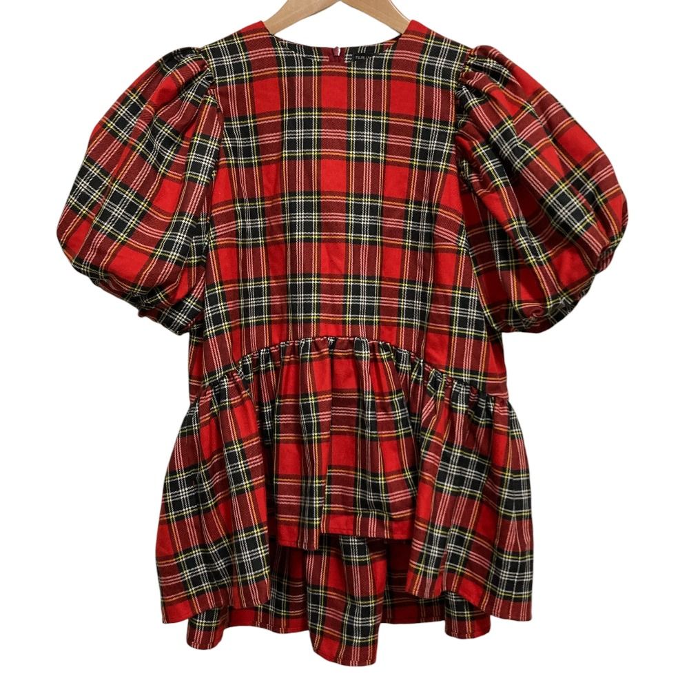 24AW TSURU by Mariko Oikawa ツルバイマリコオイカワ Eleonore チェック ペプラムブラウス サイズF レッド レディース 古着