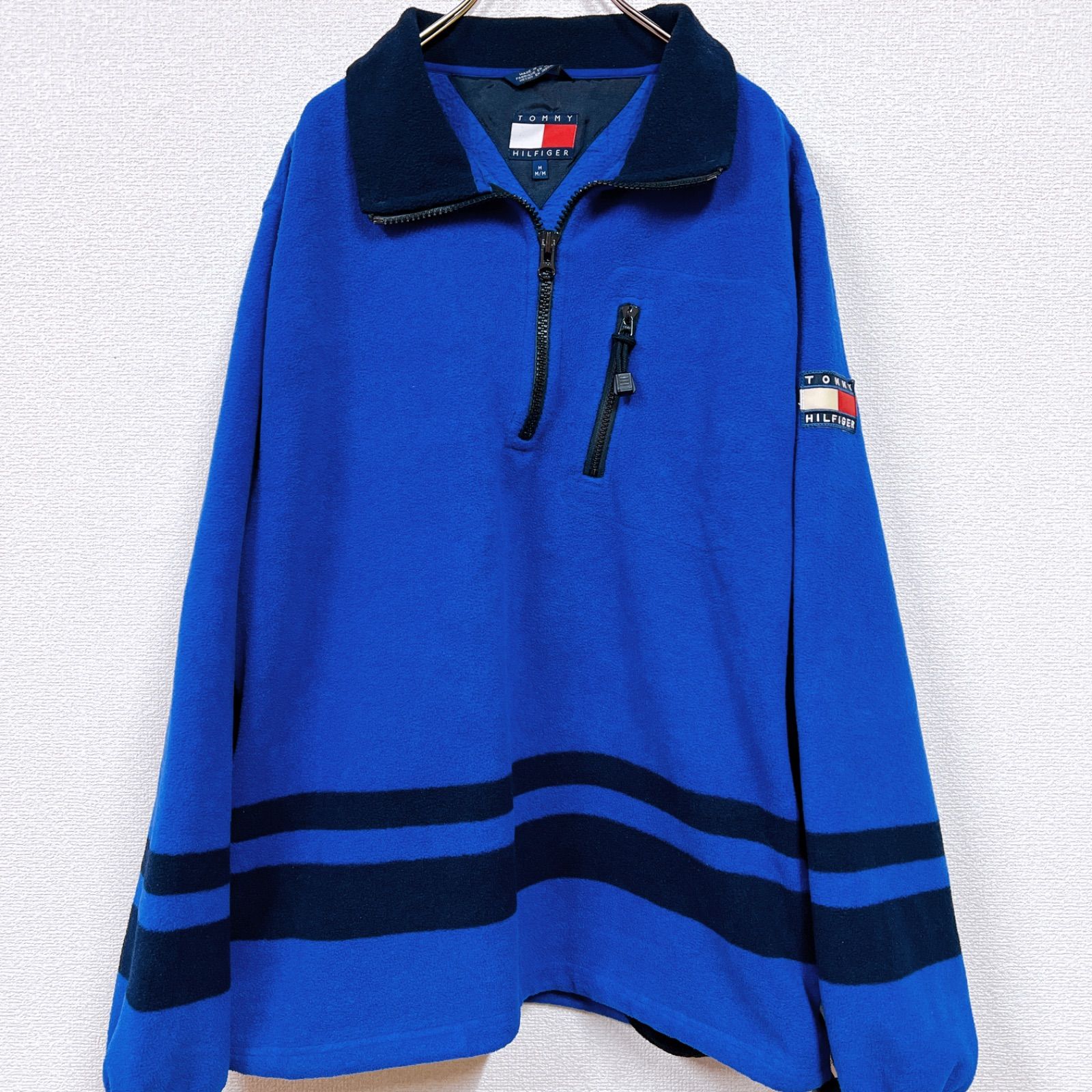 【美品】TOMMY HILFIGER トミーヒルフィガー 刺繍ロゴ ブルー ネイビー ボーダー柄 メンズ Ｌ相当 US規格 防寒 オーバーサイズ 長袖 ウエスト調整 ハーフジップ フリース KH-α-24120(9B)