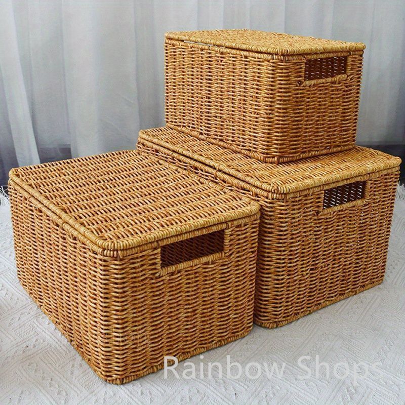 【新品】収納用蓋付きバスケット 3個セット 素朴な織りラタン 収納バスケット 蓋付きスタイリッシュで丈夫なクローゼットオーガナイザー衣類 おもちゃ スナック用 バスルーム 寝室 キッチ
