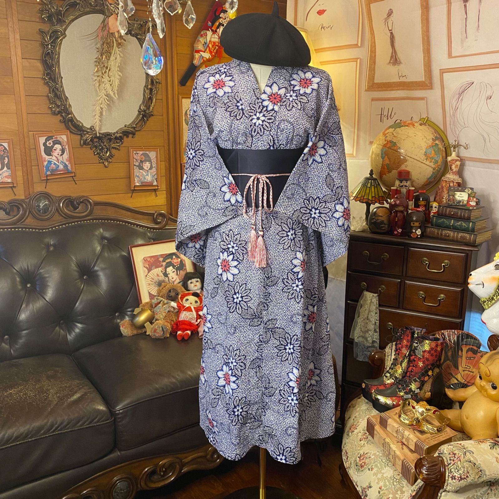 リップル絞り 浴衣リメイク セミロング ワンピース ドレス 帯サッシュ  