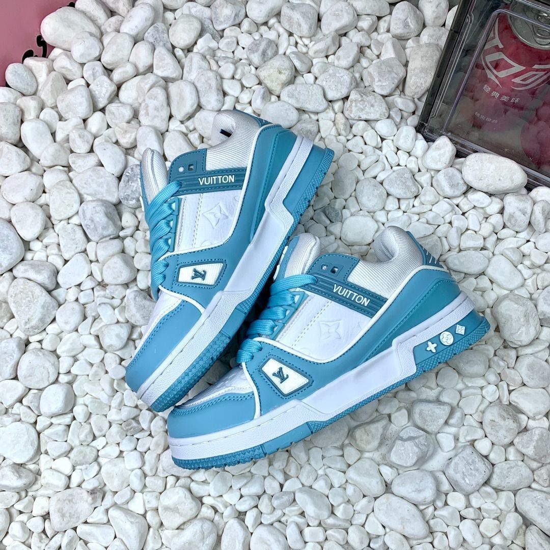 Trainer レザーカジュアルロートップファッションスニーカー青と白｜