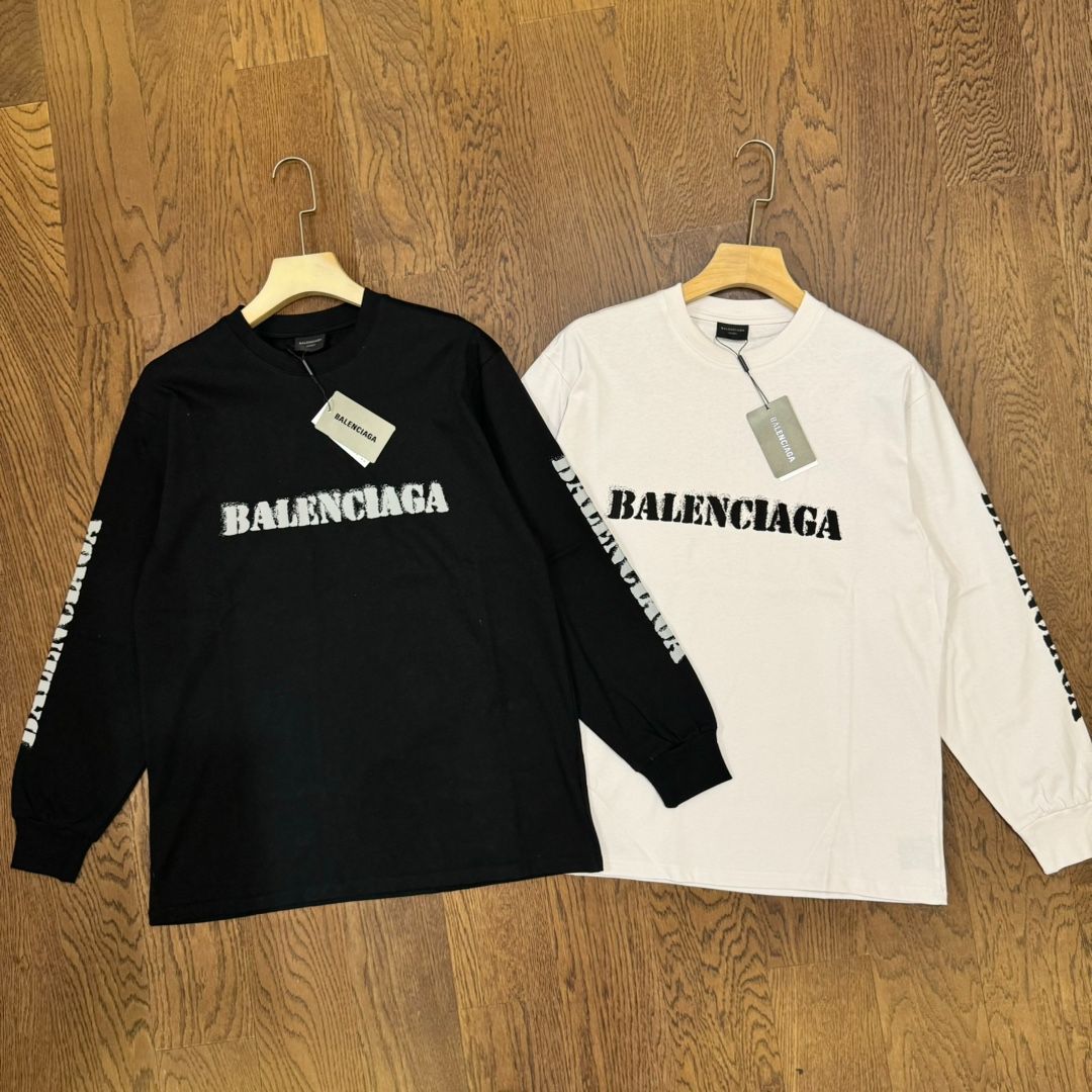 Balenciaga バレンシアガ 24ss両面ぼかし文字ロゴプリントカップル丸首長袖Tシャツ