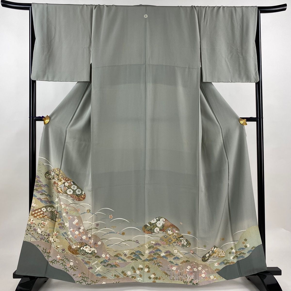 色留袖 身丈160.5cm 裄丈67cm M 袷 松竹梅 鶴 金糸 金彩 灰色 正絹 秀品 一つ紋