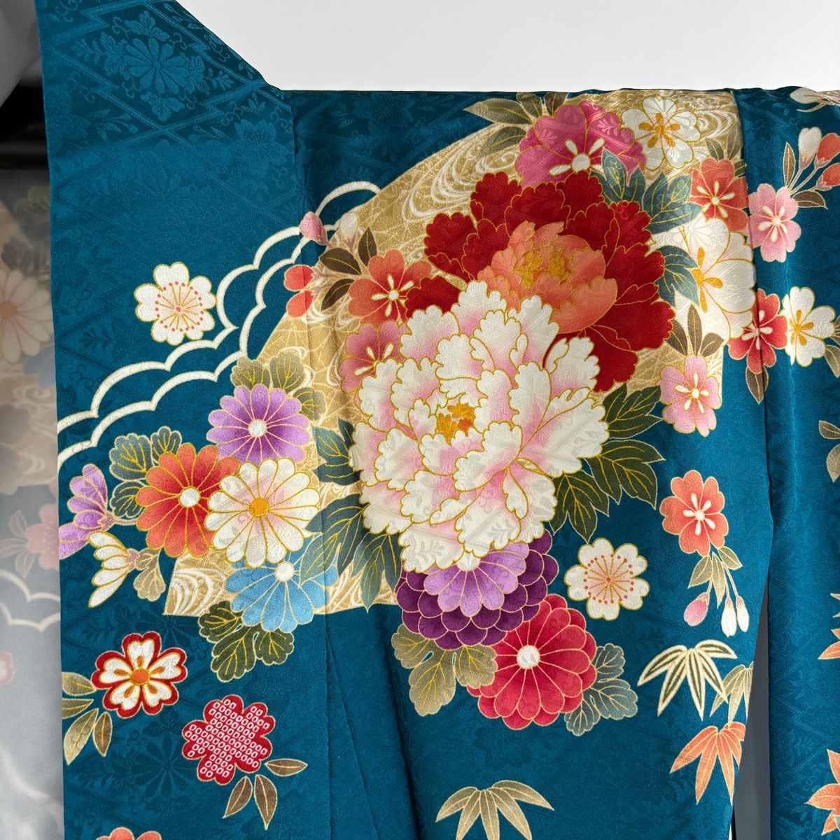 振袖フルセット 身丈162.5裄64 豪華振袖 緑 チャコール 刺繍柄 シンプル 振袖 身丈162cm 裄丈64cm M 袷 袋帯フルセット 貝桶 牡丹 金糸