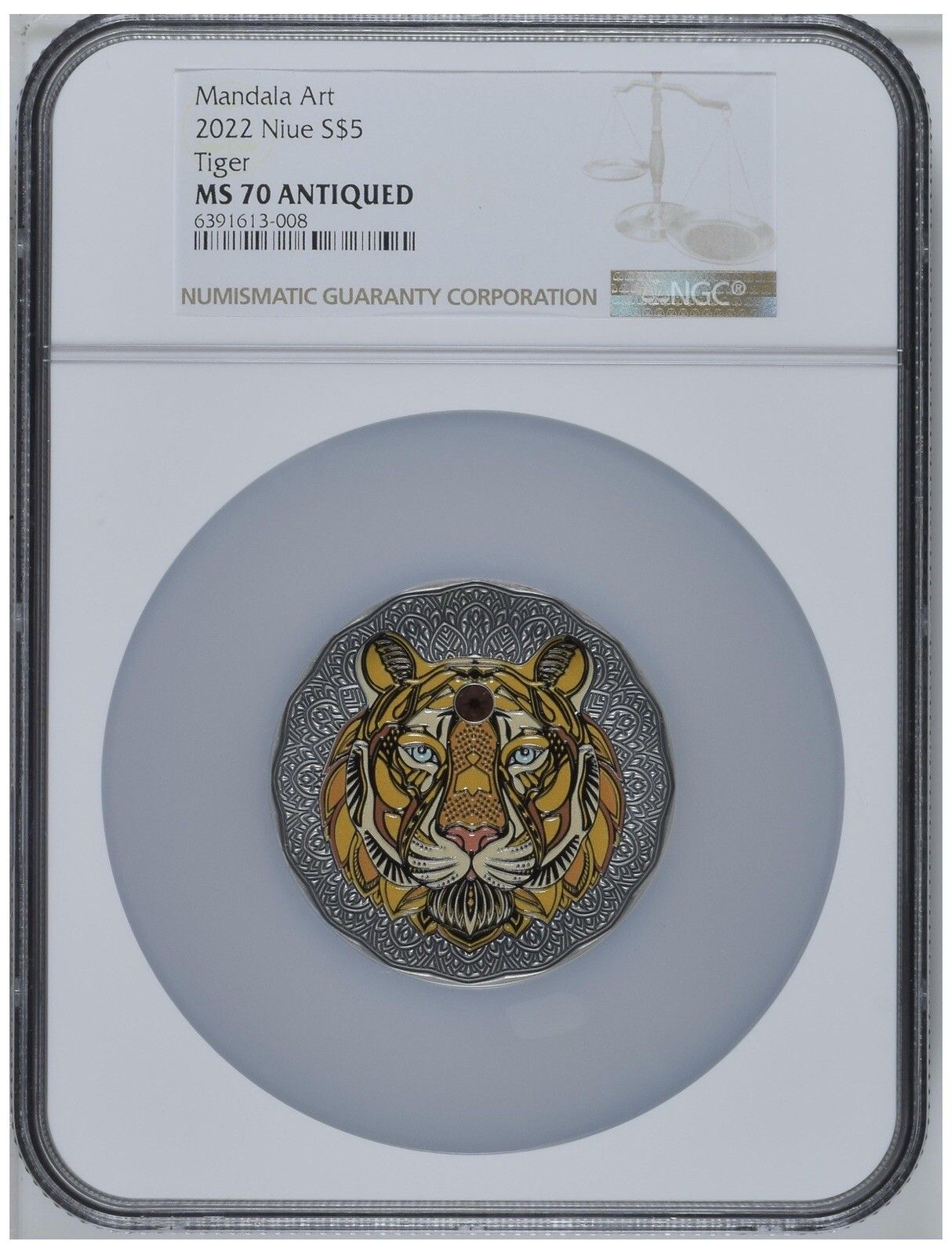NGC MS70 2025 Niue Mandala Art Tiger Swarovski Crystal 2 oz Silver Antiqued
