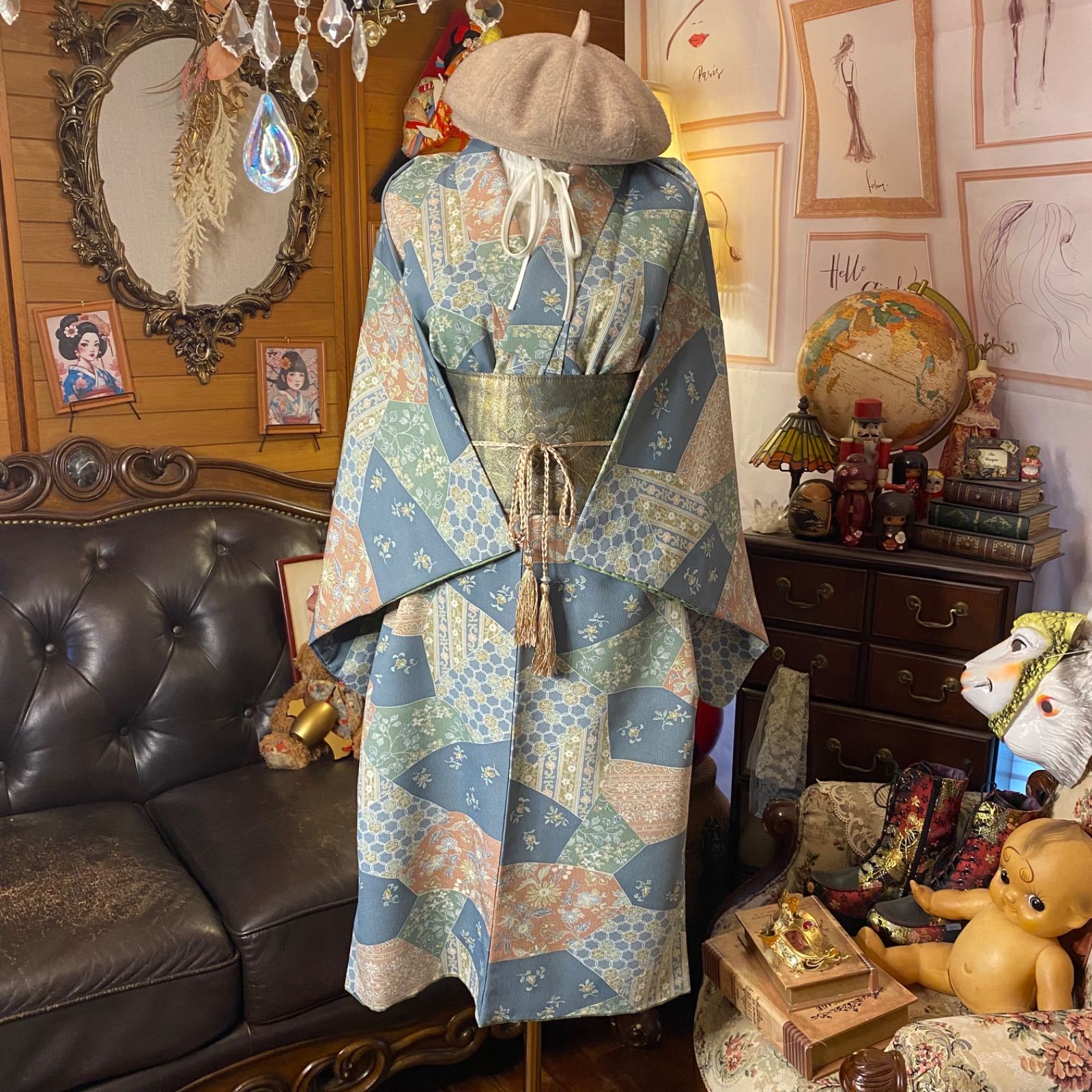 着物リメイク ワンピース｜洗える化繊素材＆名古屋帯サッシュベルト