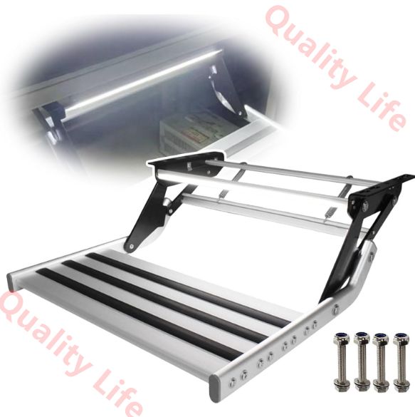 電動RVステップ 滑り止めキャンピングカー階段 LEDライト付き 折りたたみ式ドロップダウン階段 自動伸縮式ステップ 耐荷重200KG トラベルトレーラー用