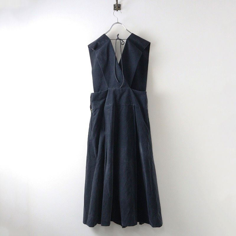 定価7.9万 ドゥロワー Drawer コーデュロイストラップワンピース 36 ネイビー コットン プリーツ ドレス ノースリーブ