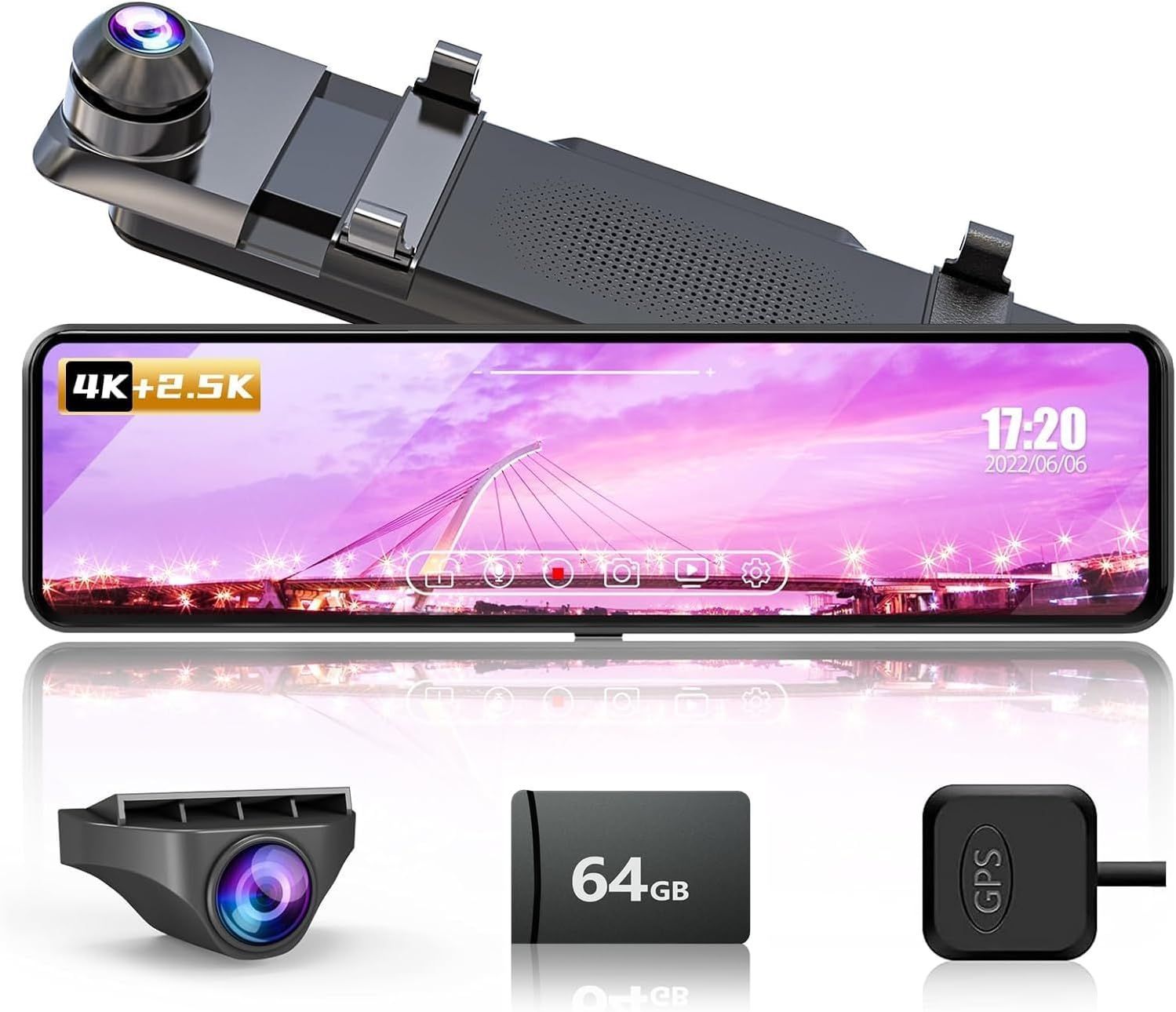 Changer ドライブレコーダー ミラー型 4K+2.5K 64GB高速メモリカード付属 11インチ 伸縮式カメラ Type-C電源 右カメラ GPS搭載 170広角 ドラレコ 超鮮明夜間撮影 速度超過警報 上下画像+左右画像逆転