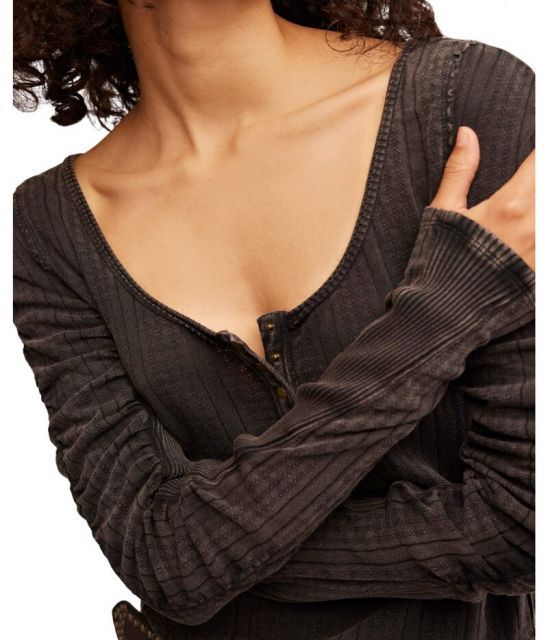 フリーピープル Free People Hope Henley レディース シャツ トップス Black Free People Hope Henley Scoop Neck Long Sleeve Knit Top