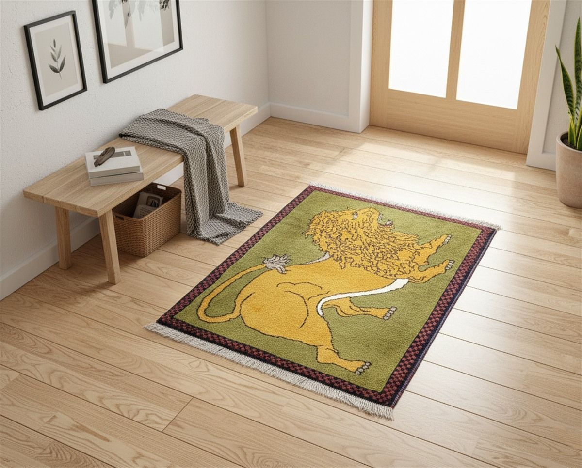 ペルシャ オールドギャッベ アマレバフト ラグ 90x60㎝ ライオンギャッベ オリーブグリーン RJ14028