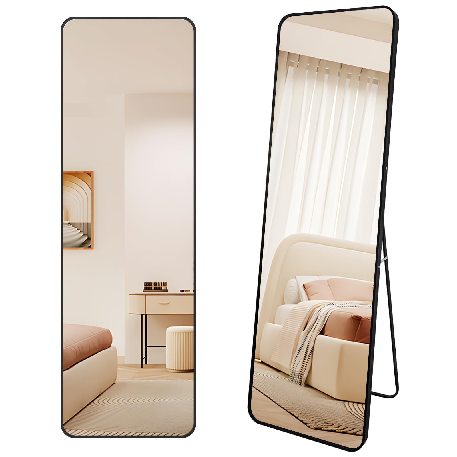OWLKELA 全身鏡 割れない姿見鏡 スタンドミラー 壁掛け 全身ミラー おしゃれ かがみ 丸角 飛散防止 アルミ合金フレーム 等身大鏡 幅50×高さ160cm ブラック