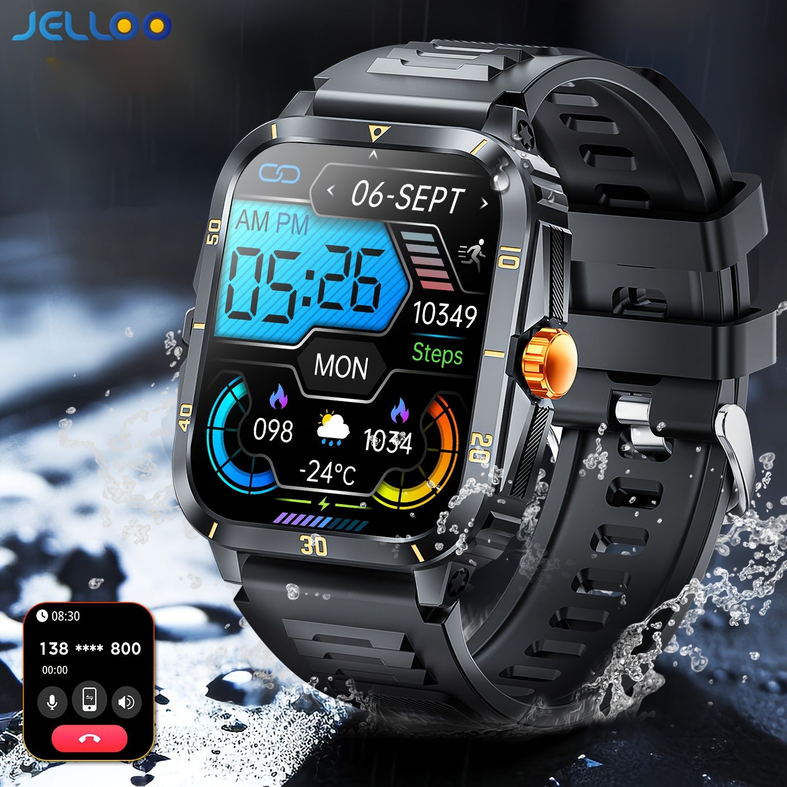 JELLOO スマートウォッチ 1.96インチ ワイヤレス5.3、音声アシスタント、運動記録、タイマー、ストップウォッチ - マルチスポーツモード、ワイヤレス通話（応答/発信/拒否）iPhoneおよびAndroid用