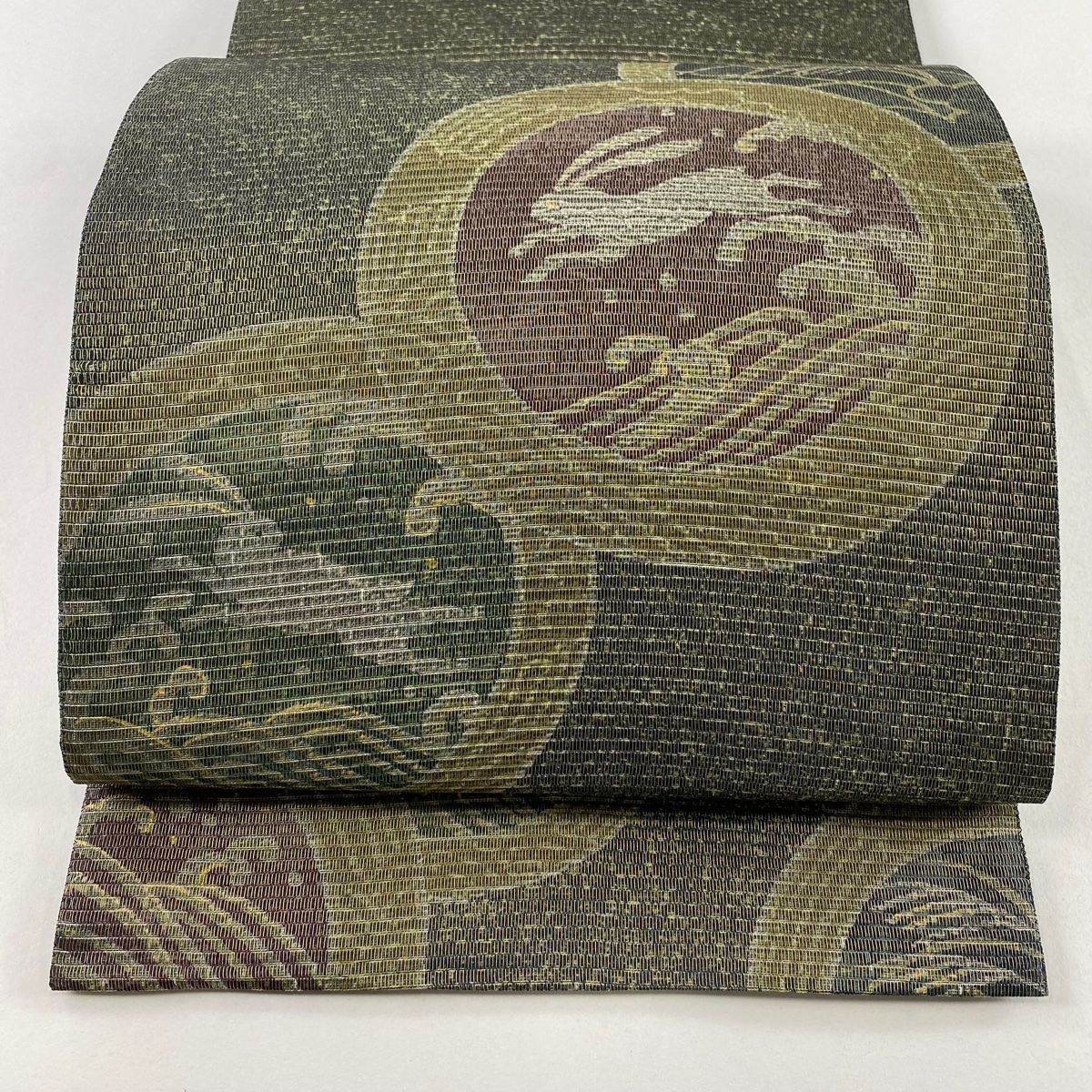 袋帯　波　六通　美品 袋帯 美品 名品 風のささやき 七宝 波 箔 灰色 六通 正絹 【中古