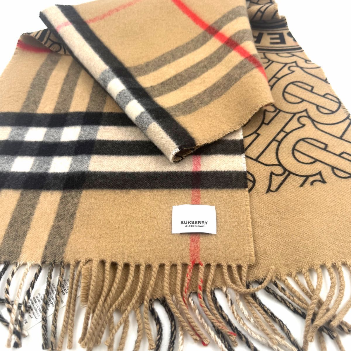 現行 入手困難 BURBERRY TB 総柄 メガチェック カシミヤ 100 マフラー ストール ベージュ モンタージュ