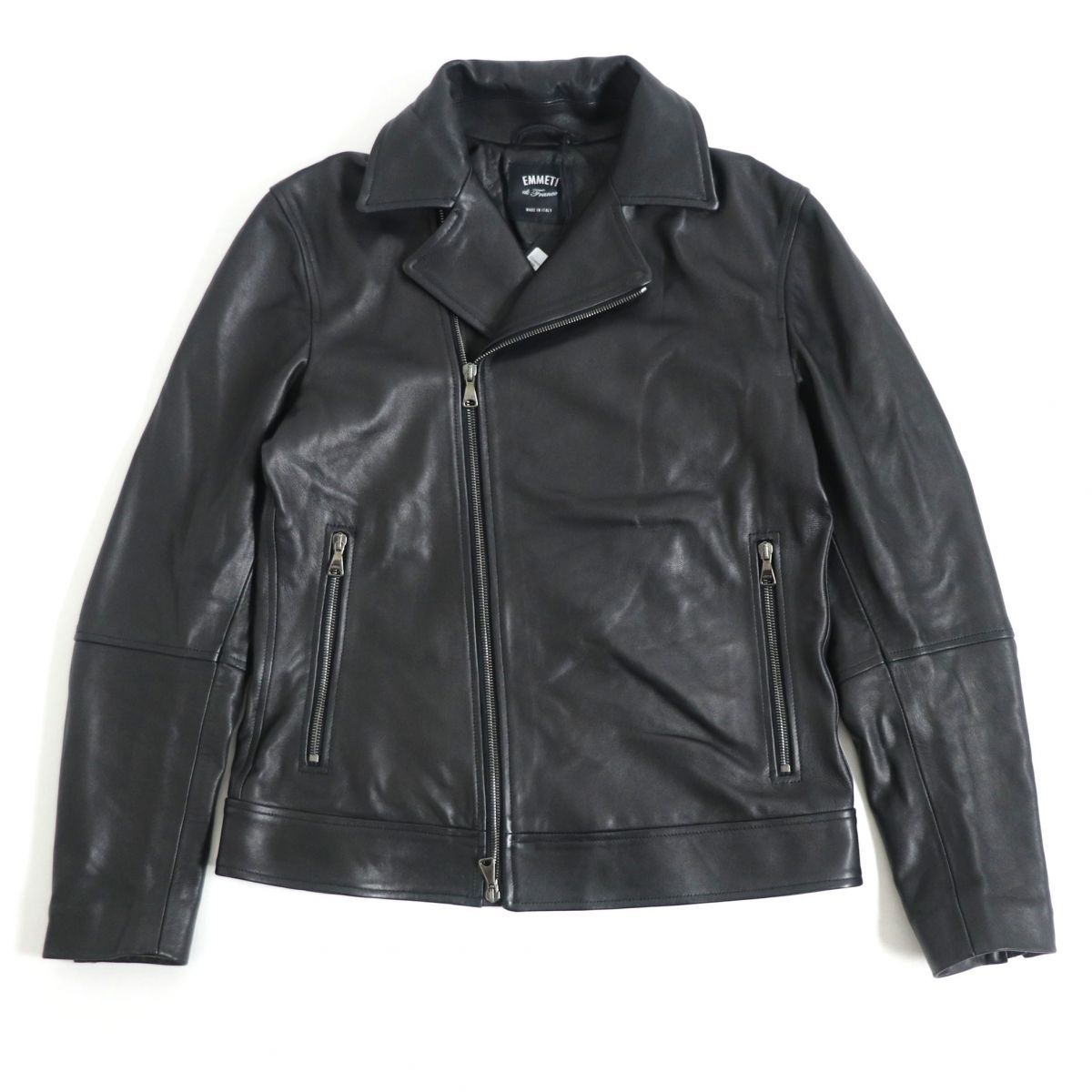EMMETIブラックレザージャケット 44 スペシャルストレッチラムレザー】EMMETIレザー シングル