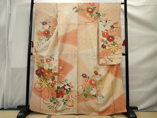 426 振袖フルセット 難あり 正絹 黒 オフホワイト ピンク 金彩 駒刺繍 426 振袖フルセット 難あり 正絹 黒 オフホワイト ピンク 金彩