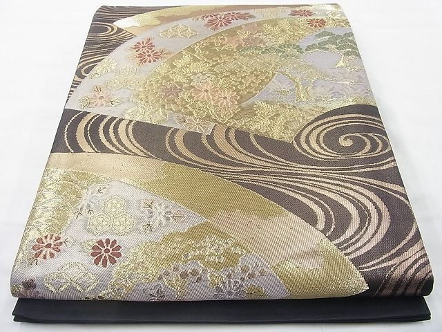 平和屋着物◎西陣 きたむら謹製 六通柄袋帯 地紙流し 黒地 金銀糸 逸品  