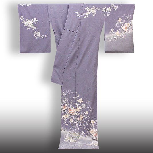 訪問着 吉澤友禅 十日町友禅 正絹 灰藤色 椿 菊 縞 極上の手描友禅 本