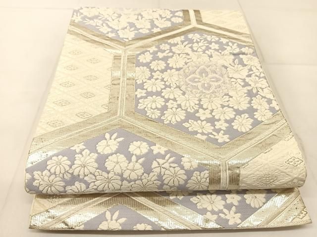 411mh48☆付下げ ややふくよか 刺繍 金糸 金銀彩 鶴 亀甲 しつけ☆美品 4494］袋帯 亀甲繋ぎ舞鶴 金銀糸 六通 正絹 着物 フォーマル