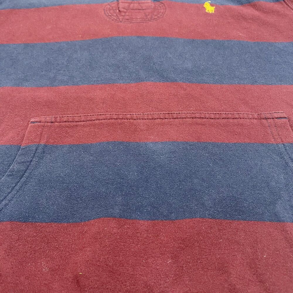 ポロ ラルフローレン Polo by Ralph Lauren プルオーバー スウェットラガーパーカー フーディ 太ボーダー柄 裏起毛 ロゴ 刺繍 サイズ：S ネイビー×エンジ