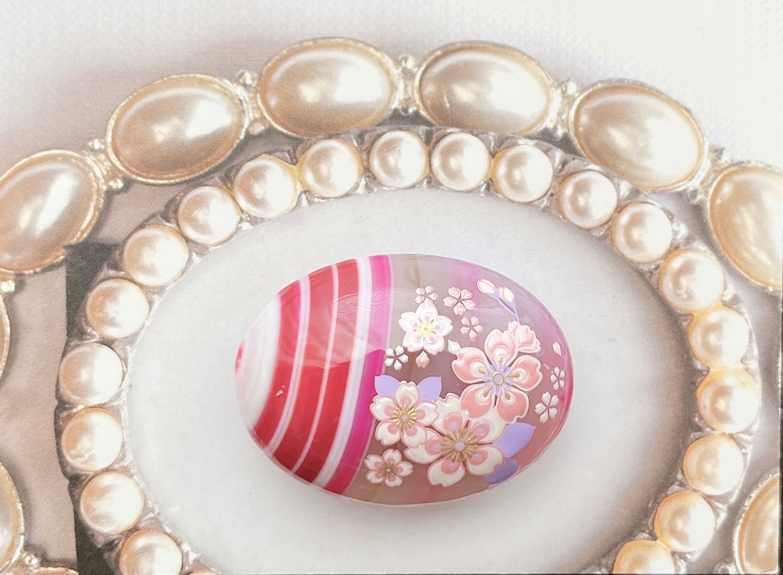 リクエスト不可☆〜天然石 1点ものピンク縞瑪瑙 蒔絵風桜 帯留め 40×30 