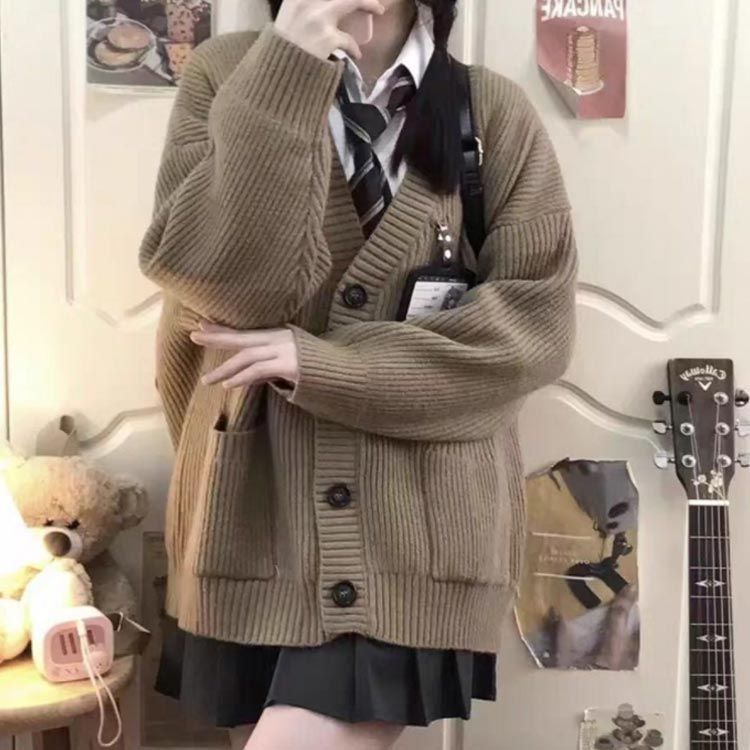 無地 カーディガン 春 カーディガン ゆったり 制服 ニット 秋冬