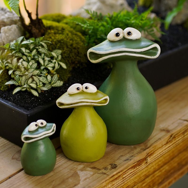 3個セット、大きな口を開けた樹脂製カエル、かわいい動物ガーデン像